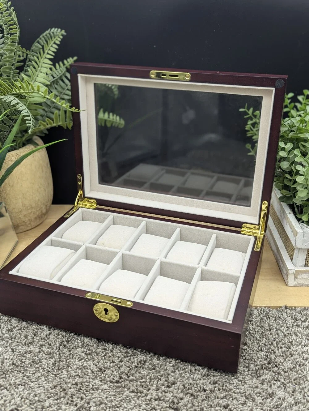 Brillhart Dark Cherry Display 10 Watch Lock Box Very Clean No Key